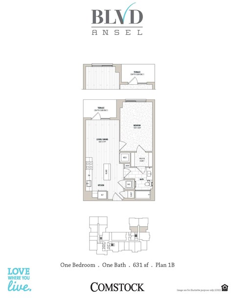Floor plan for 1 bed, 1 bath, 642 sqft